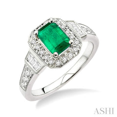 6x4 MM Emerald Shape Emerald and 1/4 Ctw Round and Baguette Cut Diamond Ring in 14K White Gold