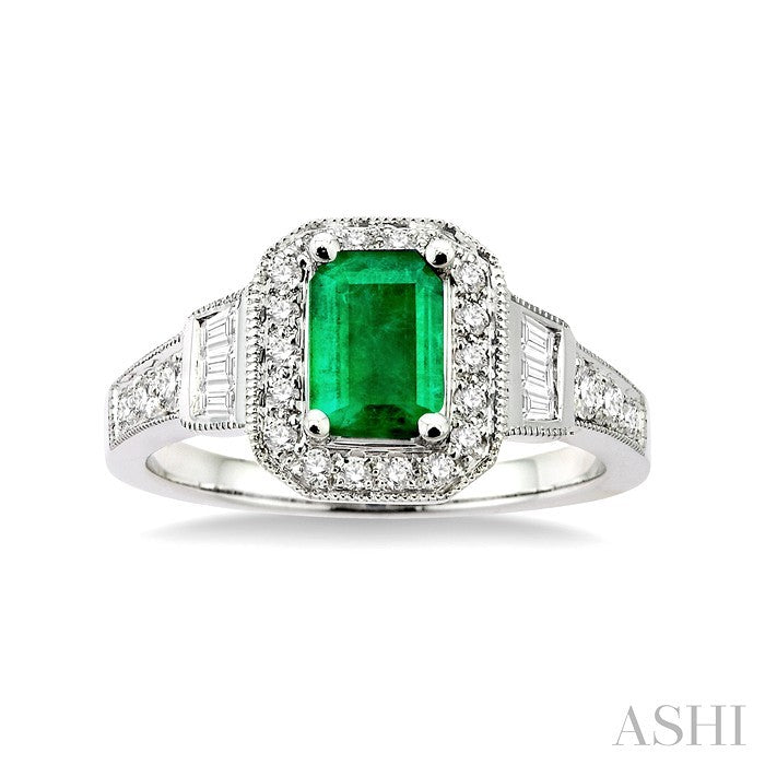 6x4 MM Emerald Shape Emerald and 1/4 Ctw Round and Baguette Cut Diamond Ring in 14K White Gold