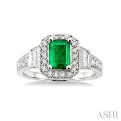 6x4 MM Emerald Shape Emerald and 1/4 Ctw Round and Baguette Cut Diamond Ring in 14K White Gold