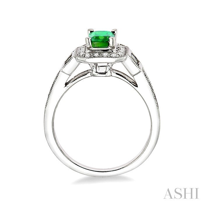 6x4 MM Emerald Shape Emerald and 1/4 Ctw Round and Baguette Cut Diamond Ring in 14K White Gold