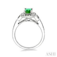 6x4 MM Emerald Shape Emerald and 1/4 Ctw Round and Baguette Cut Diamond Ring in 14K White Gold