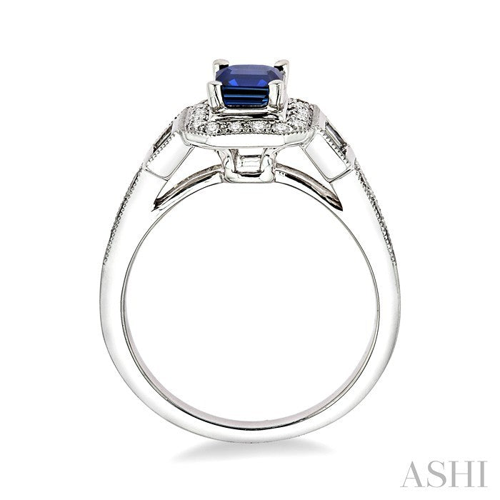6x4 MM Emerald Shape Sapphire and 1/4 Ctw Round and Baguette Cut Diamond Ring in 14K White Gold