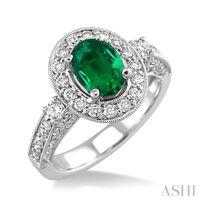 8x6 MM Oval Cut Emerald and 7/8 Ctw Round Cut Diamond Precious Ring in 14K White Gold