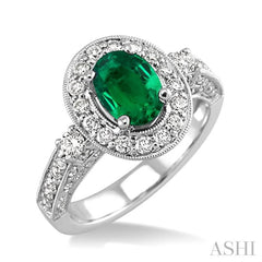 8x6 MM Oval Cut Emerald and 7/8 Ctw Round Cut Diamond Precious Ring in 14K White Gold