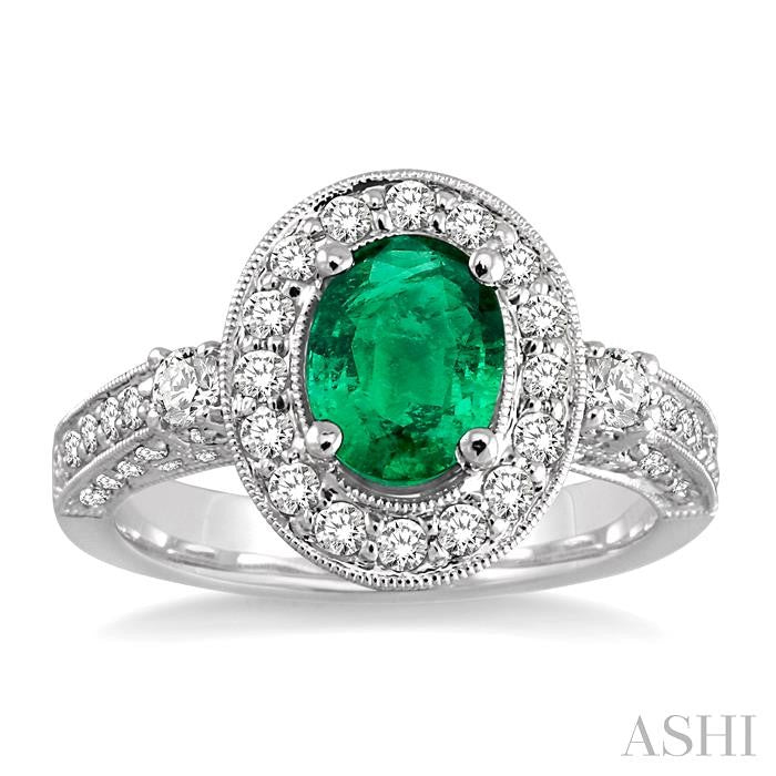 8x6 MM Oval Cut Emerald and 7/8 Ctw Round Cut Diamond Precious Ring in 14K White Gold