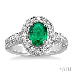 8x6 MM Oval Cut Emerald and 7/8 Ctw Round Cut Diamond Precious Ring in 14K White Gold
