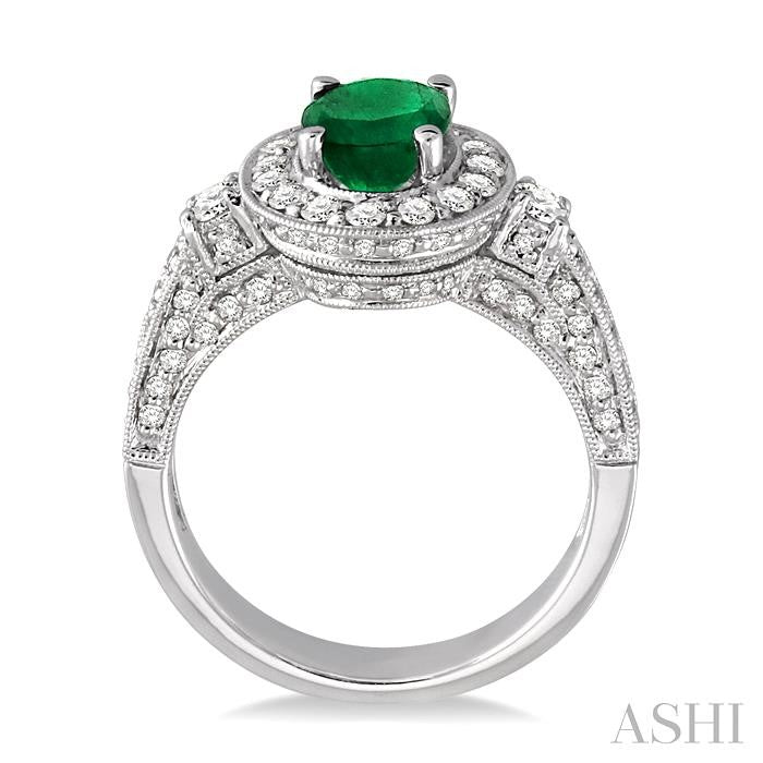 8x6 MM Oval Cut Emerald and 7/8 Ctw Round Cut Diamond Precious Ring in 14K White Gold
