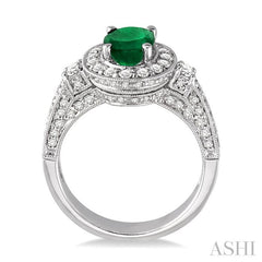8x6 MM Oval Cut Emerald and 7/8 Ctw Round Cut Diamond Precious Ring in 14K White Gold