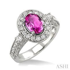 8x6 MM Oval Cut Pink Sapphire and 7/8 Ctw Round Cut Diamond Precious Ring in 14K White Gold