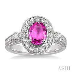 8x6 MM Oval Cut Pink Sapphire and 7/8 Ctw Round Cut Diamond Precious Ring in 14K White Gold