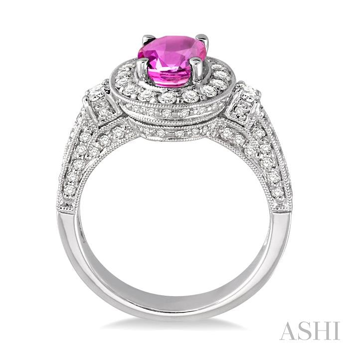8x6 MM Oval Cut Pink Sapphire and 7/8 Ctw Round Cut Diamond Precious Ring in 14K White Gold