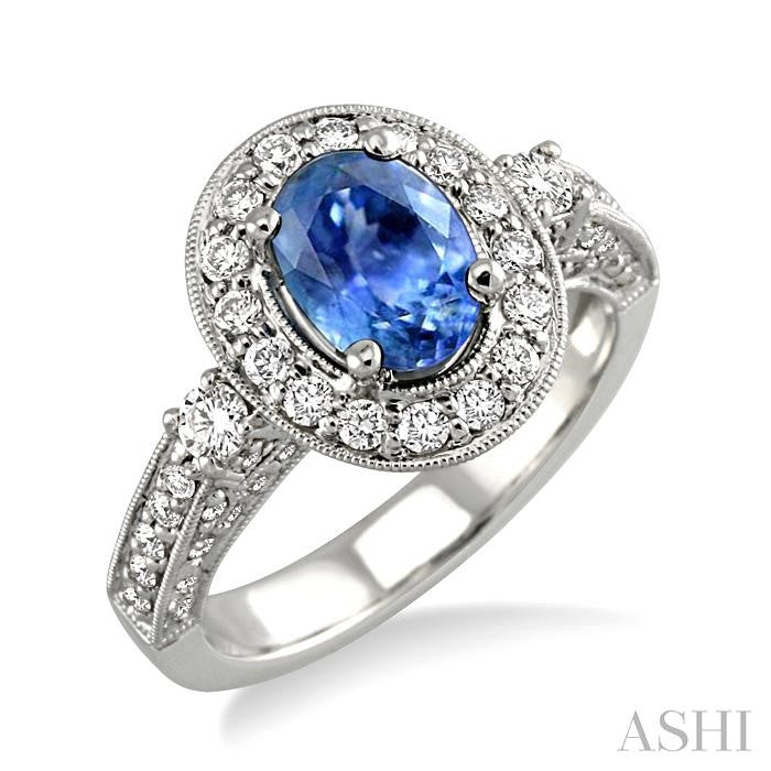 8x6 MM Oval Cut Ceylon Sapphire and 7/8 Ctw Round Cut Diamond Precious Ring in 14K White Gold
