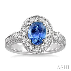 8x6 MM Oval Cut Ceylon Sapphire and 7/8 Ctw Round Cut Diamond Precious Ring in 14K White Gold