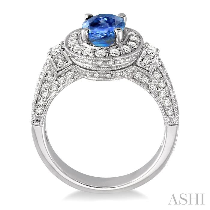 8x6 MM Oval Cut Ceylon Sapphire and 7/8 Ctw Round Cut Diamond Precious Ring in 14K White Gold