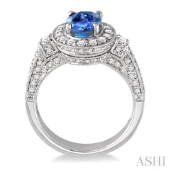 8x6 MM Oval Cut Ceylon Sapphire and 7/8 Ctw Round Cut Diamond Precious Ring in 14K White Gold