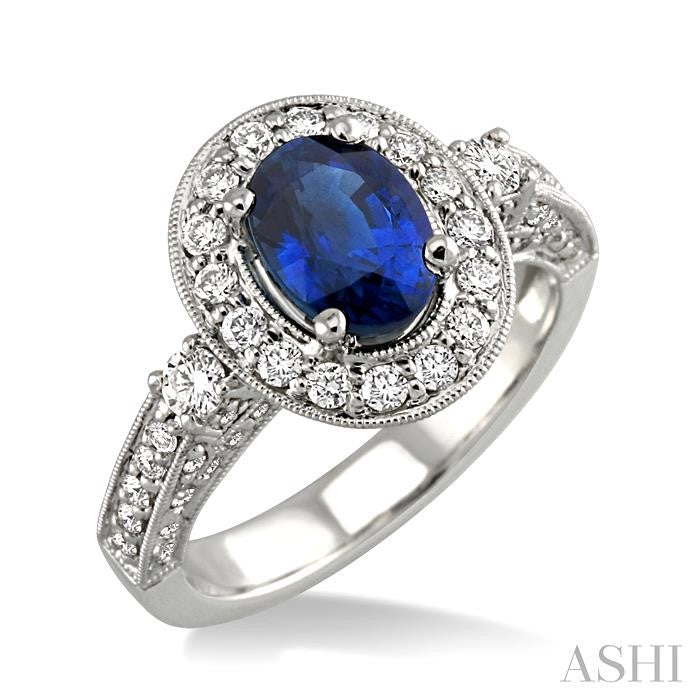 8x6 MM Oval Cut Sapphire and 7/8 Ctw Round Cut Diamond Precious Ring in 14K White Gold