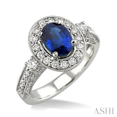 8x6 MM Oval Cut Sapphire and 7/8 Ctw Round Cut Diamond Precious Ring in 14K White Gold