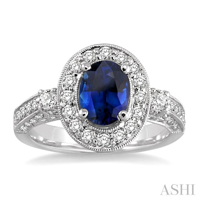 8x6 MM Oval Cut Sapphire and 7/8 Ctw Round Cut Diamond Precious Ring in 14K White Gold