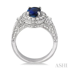 8x6 MM Oval Cut Sapphire and 7/8 Ctw Round Cut Diamond Precious Ring in 14K White Gold