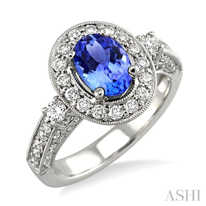 8x6 MM Oval Cut Tanzanite and 7/8 Ctw Round Cut Diamond Precious Ring in 14K White Gold