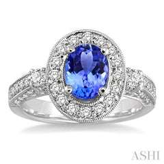 8x6 MM Oval Cut Tanzanite and 7/8 Ctw Round Cut Diamond Precious Ring in 14K White Gold