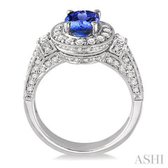 8x6 MM Oval Cut Tanzanite and 7/8 Ctw Round Cut Diamond Precious Ring in 14K White Gold