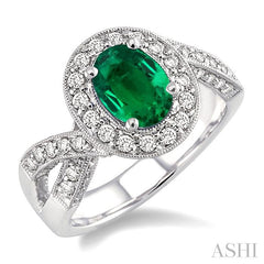 8x6 MM Oval Cut Emerald and 3/4 Ctw Round Cut Diamond Precious Ring in 14K White Gold