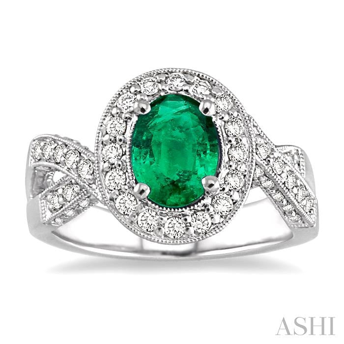 8x6 MM Oval Cut Emerald and 3/4 Ctw Round Cut Diamond Precious Ring in 14K White Gold
