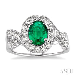 8x6 MM Oval Cut Emerald and 3/4 Ctw Round Cut Diamond Precious Ring in 14K White Gold