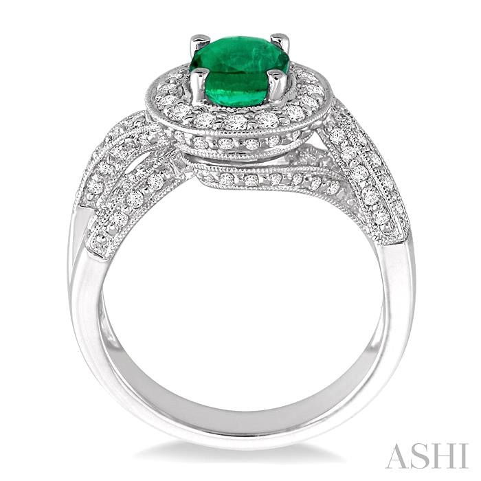 8x6 MM Oval Cut Emerald and 3/4 Ctw Round Cut Diamond Precious Ring in 14K White Gold