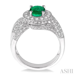 8x6 MM Oval Cut Emerald and 3/4 Ctw Round Cut Diamond Precious Ring in 14K White Gold