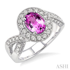 8x6 MM Oval Cut Pink Sapphire and 3/4 Ctw Round Cut Diamond Precious Ring in 14K White Gold