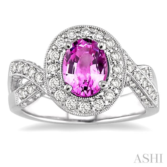 8x6 MM Oval Cut Pink Sapphire and 3/4 Ctw Round Cut Diamond Precious Ring in 14K White Gold