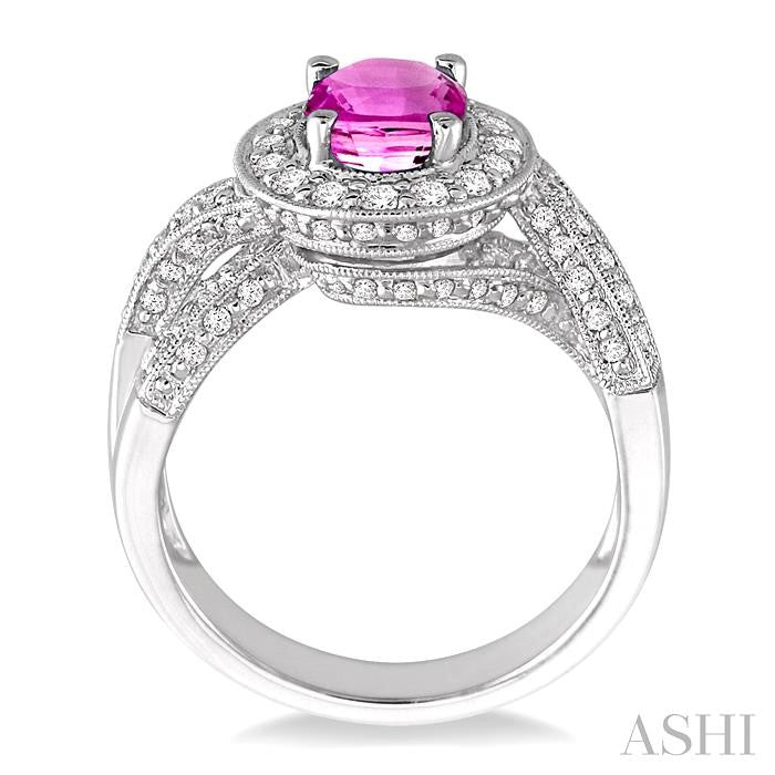 8x6 MM Oval Cut Pink Sapphire and 3/4 Ctw Round Cut Diamond Precious Ring in 14K White Gold
