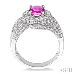 8x6 MM Oval Cut Pink Sapphire and 3/4 Ctw Round Cut Diamond Precious Ring in 14K White Gold
