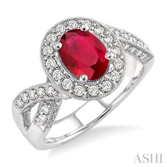 8x6 MM Oval Cut Pink Ruby and 3/4 Ctw Round Cut Diamond Precious Ring in 14K White Gold