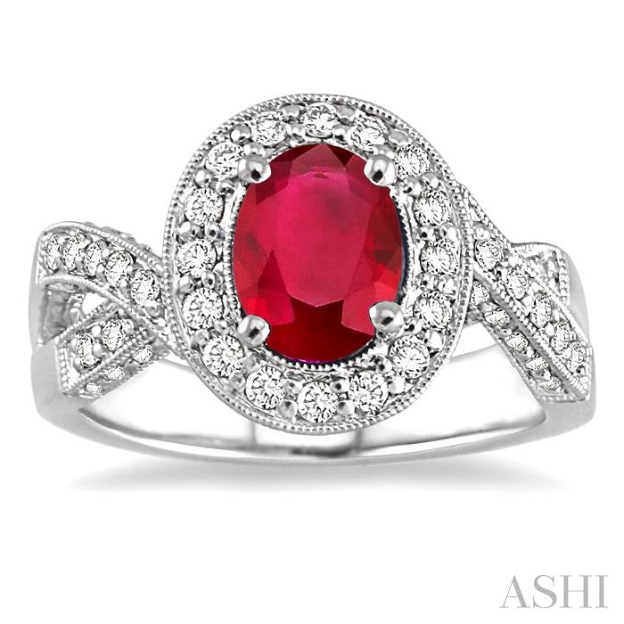 8x6 MM Oval Cut Pink Ruby and 3/4 Ctw Round Cut Diamond Precious Ring in 14K White Gold