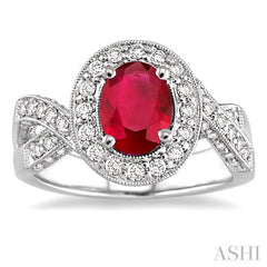 8x6 MM Oval Cut Pink Ruby and 3/4 Ctw Round Cut Diamond Precious Ring in 14K White Gold