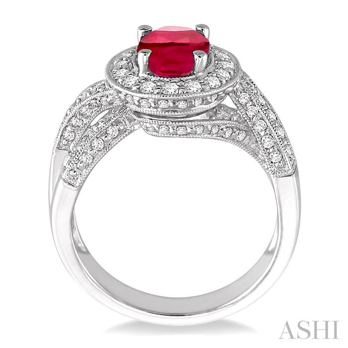 8x6 MM Oval Cut Pink Ruby and 3/4 Ctw Round Cut Diamond Precious Ring in 14K White Gold