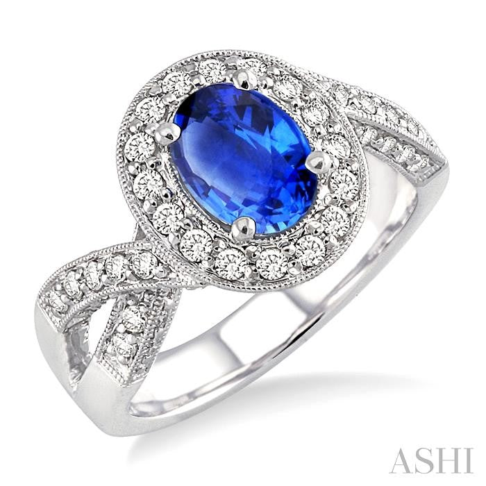 8x6 MM Oval Cut Ceylon Sapphire and 3/4 Ctw Round Cut Diamond Precious Ring in 14K White Gold