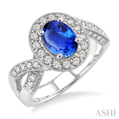 8x6 MM Oval Cut Ceylon Sapphire and 3/4 Ctw Round Cut Diamond Precious Ring in 14K White Gold