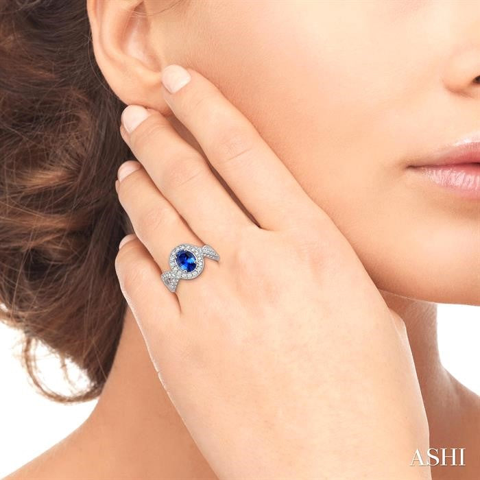 8x6 MM Oval Cut Ceylon Sapphire and 3/4 Ctw Round Cut Diamond Precious Ring in 14K White Gold