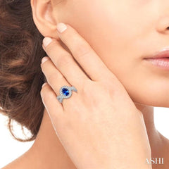 8x6 MM Oval Cut Ceylon Sapphire and 3/4 Ctw Round Cut Diamond Precious Ring in 14K White Gold