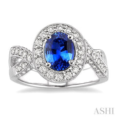 8x6 MM Oval Cut Ceylon Sapphire and 3/4 Ctw Round Cut Diamond Precious Ring in 14K White Gold