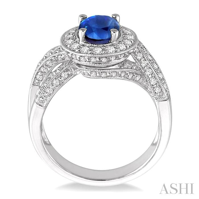 8x6 MM Oval Cut Ceylon Sapphire and 3/4 Ctw Round Cut Diamond Precious Ring in 14K White Gold