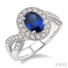 8x6 MM Oval Cut Sapphire and 3/4 Ctw Round Cut Diamond Precious Ring in 14K White Gold
