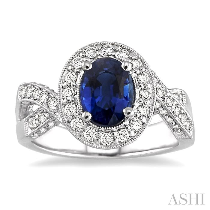 8x6 MM Oval Cut Sapphire and 3/4 Ctw Round Cut Diamond Precious Ring in 14K White Gold