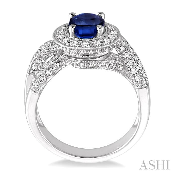 8x6 MM Oval Cut Sapphire and 3/4 Ctw Round Cut Diamond Precious Ring in 14K White Gold