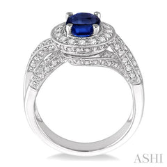 8x6 MM Oval Cut Sapphire and 3/4 Ctw Round Cut Diamond Precious Ring in 14K White Gold