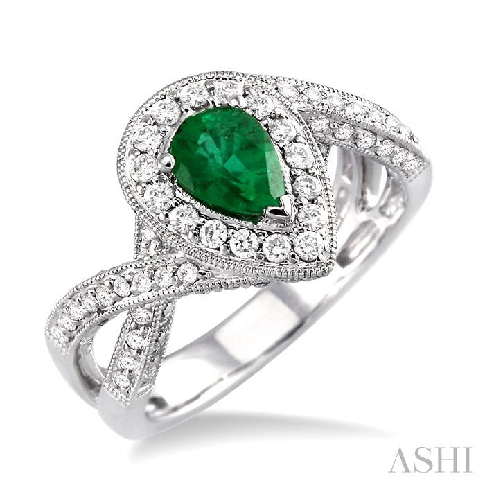 7x5 MM Pear Shape Emerald and 3/4 Ctw Round Cut Diamond Precious Ring in 14K White Gold